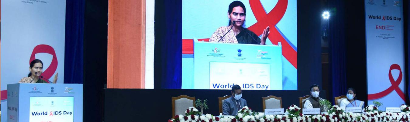 The Minister of State for Health and Family Welfare, Dr. Bharati Pravin Pawar addressing on the occasion of World AIDS Day, in New Delhi on December 01, 2021.