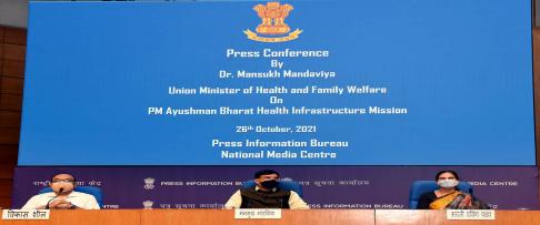 he Union Minister for Health & Family Welfare, Chemicals and Fertilizers, Shri Mansukh Mandaviya addressing the press conference on PM Ayushman Bharat Health Infrastructure Mission, in New Delhi